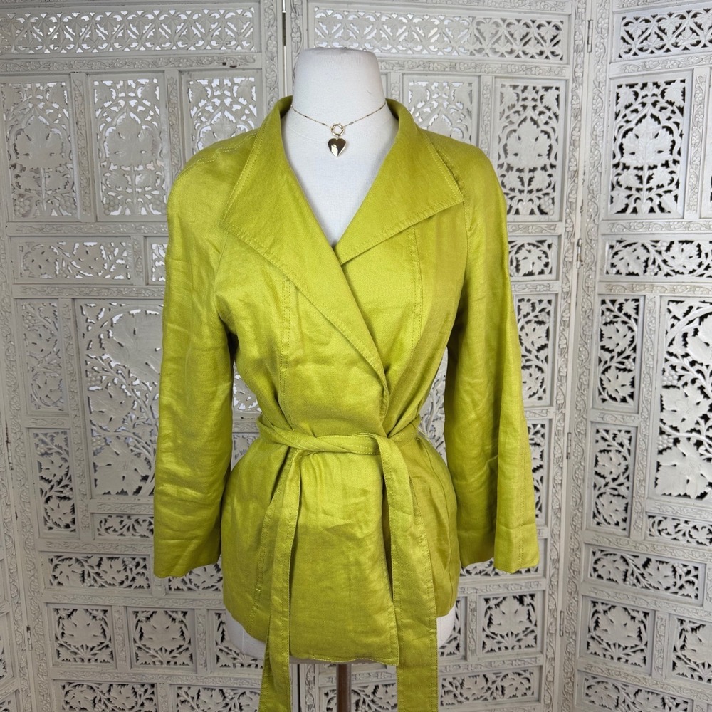 Talbots Chartreuse Green Linen‎ Blend Jacket Sz 10 Belted Lagenlook Capsule